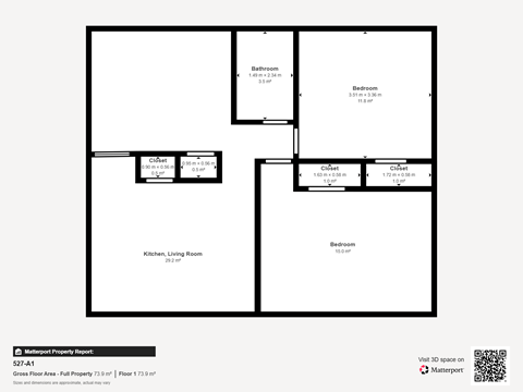 Floor plan for 2 beds, 1 bath, 742 sqft